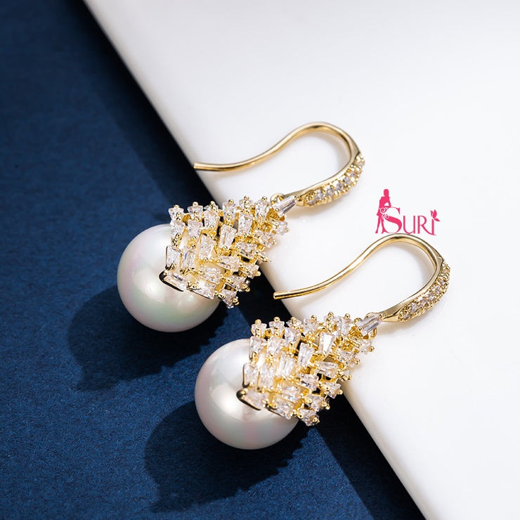 Bông Tai Tòn Teng Ngọc Trai Trắng Dạng Móc Phối Hình Thoi Đính Đá