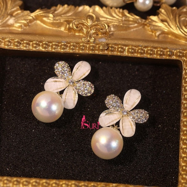 Bông Tai Tòn Teng Hoa 5 Cánh Đính Đá Phối Ngọc Trai Siêu Sang