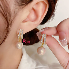 Bông Tai Tòn Teng 2 Hàng Đá Phối Ngọc Trai Hồng Nữ Tính