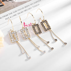 Bông Tai Khoen Tòn Teng Hình Chữ Nhật Đính Đá 2 Sợi Tua Rua