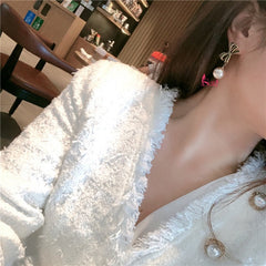 Bông Tai Tòn Teng Nơ Đính Đá Đen Ngọc Trai Trắng