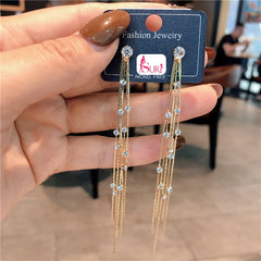 Bông Tai Tòn Teng Tua Rua Dây Mảnh Đính Đá Trắng Dáng Rơi