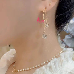 Bông Tai Tòn Teng 2 Hạt Đá Trắng Giọt Nước Nữ Tính