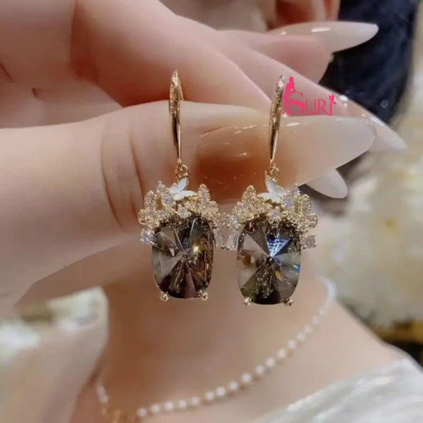 Bông Tai Tòn Teng Đá Chữ Nhật Xám Đen Phối Bướm Đá Trắng Dạng Móc