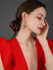 Bông Tai Tòn Teng Khoen Đính Đá Gợn Sóng Xếp Tầng Phối Hạt Châu Đỏ