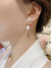 Bông Tai Tòn Teng Hoa Đá Xà Cừ Trắng Phối Hạt Trai Nữ Tính