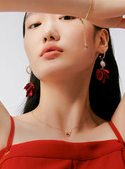 Bông Tai Tòn Teng Khoen Ngọc Trai Cánh Hoa Rơi Màu Đỏ