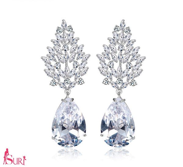 Bông Tai Tòn Teng Đá Trắng Giọt Nước Cao Cấp SR2