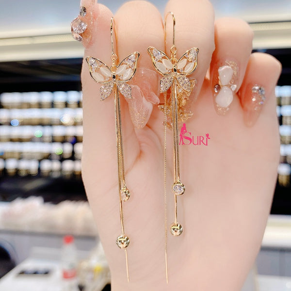 Bông Tai Tòn Teng Bướm Phối Đá Tua Rua Dạng Móc Dáng Dài