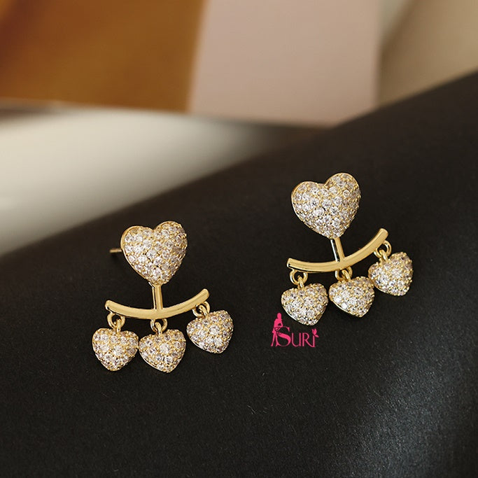 Bông Tai Tòn Teng Trái Tim Vàng Phối Đá Trắng Tua Rua 3 Hạt Cao Cấp