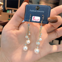 Bông Tai Tòn Teng Tua Rua Dây Mảnh Đính Đá Ngọc Trai Dạng Móc