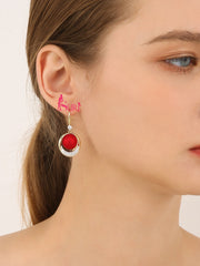 Bông Tai Tòn Teng Hạt Châu Đỏ Nhám Đính Đá Dạng Móc