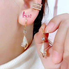 Bông Tai Tòn Teng Khoen Tròn Phối Đá Dáng Tam Giác Uốn Gập Lạ Mắt