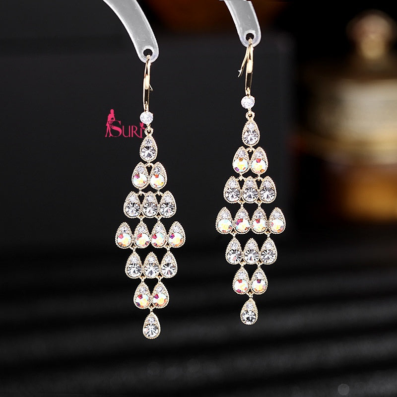 Bông Tai Tòn Teng Dáng Hình Thoi Phối Đá Sáng Giọt Nước Dạng Móc