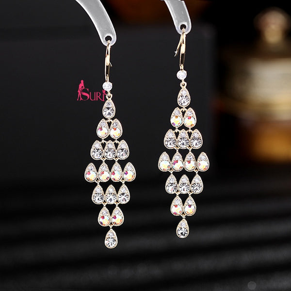 Bông Tai Tòn Teng Dáng Hình Thoi Phối Đá Sáng Giọt Nước Dạng Móc