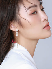 Bông Tai Tòn Teng Phối 3 Hạt Trai Đính Đá Tua Rua Dáng Dài