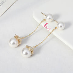 Bông Tai Tòn Teng Ngọc Trai 2 Đầu Đính Đá Chữ Nhật