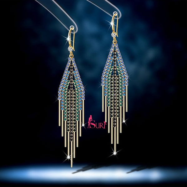 Bông Tai Tòn Teng Dáng Hình Thoi Tua Rua Đá Nhiều Màu Dạng Móc