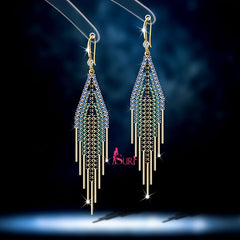 Bông Tai Tòn Teng Dáng Hình Thoi Tua Rua Đá Nhiều Màu Dạng Móc