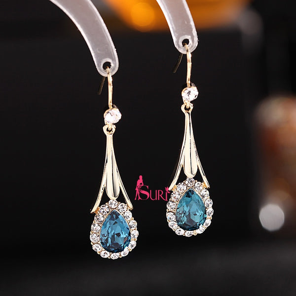 Bông Tai Tòn Teng Hình Giọt Nước Đá Màu Viền Đá Trắng Dạng Móc