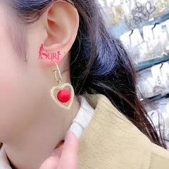 Bông Tai Khoen Bất Đối Xứng Trái Tim Vàng Đính Hạt Châu Đỏ Nhám