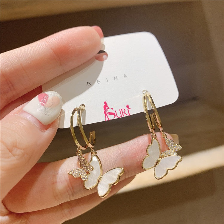 Bông Tai Tòn Teng Khoen Bướm Đôi Đính Đá Phối Xà Cừ Trắng