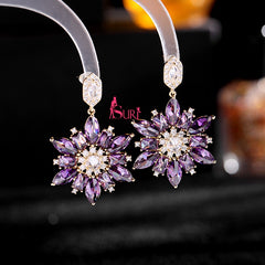 Bông Tai Tòn Teng Hoa Đá Cánh Vàng Nhụy Đá Trắng Cao Cấp