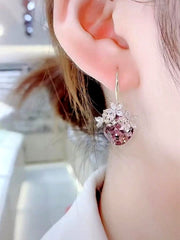 Bông Tai Tòn Teng Hình Thoi Đá Tím Ánh Hồng Phối 3 Hoa Đá Dạng Móc