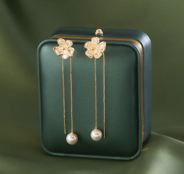 Bông Tai Tòn Teng Hoa Đá Xà Cừ 2 Lớp Phối Ngọc Trai Dáng Dài