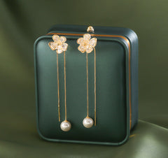 Bông Tai Tòn Teng Hoa Đá Xà Cừ 2 Lớp Phối Ngọc Trai Dáng Dài