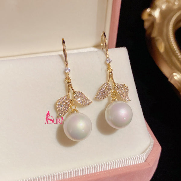 Bông Tai Tòn Teng Ngọc Trai Phối Lá Đôi Đính Đá Dạng Móc