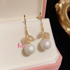 Bông Tai Tòn Teng Ngọc Trai Phối Lá Đôi Đính Đá Dạng Móc