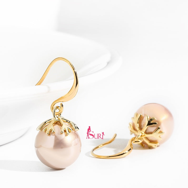 Bông Tai Tòn Teng Ngọc Trai Cam Họa Tiết Hoa Tuyết Dạng Móc