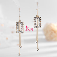 Bông Tai Khoen Tòn Teng Hình Chữ Nhật Đính Đá 2 Sợi Tua Rua