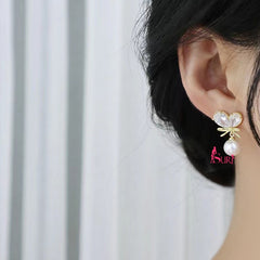 Bông Tai Trái Tim Đá Nơ Vàng Phối Hạt Trai Nữ Tính