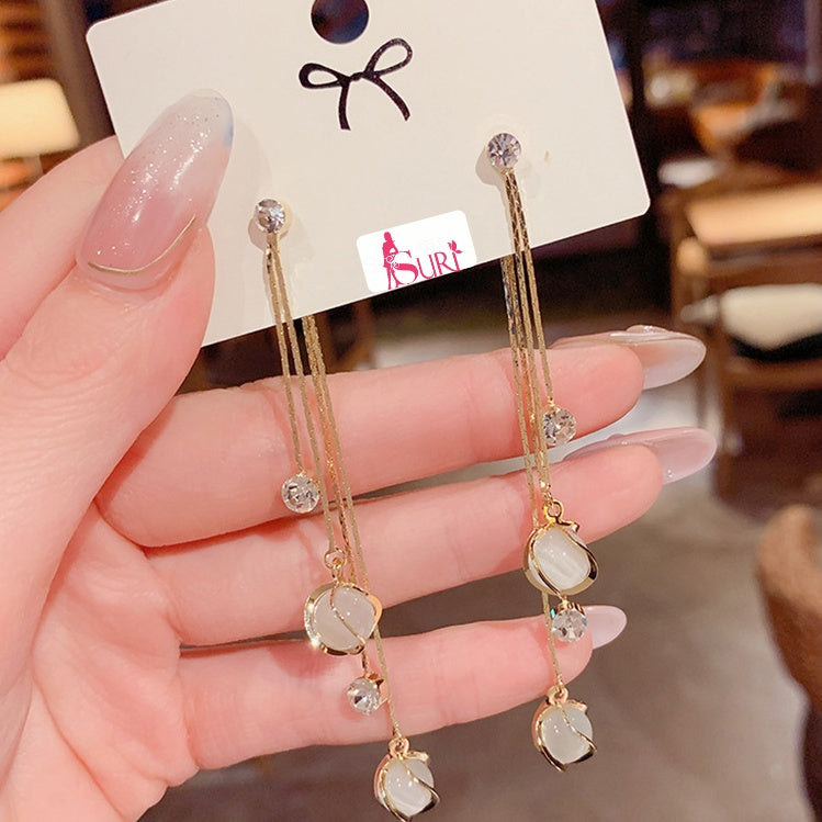 Bông Tai Tòn Teng Tua Rua Hạt Đá Mắt Mèo 2 Kiểu Nữ Tính