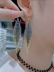 Bông Tai Tòn Teng Dáng Hình Thoi Tua Rua Đá Nhiều Màu Dạng Móc