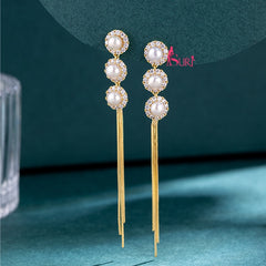 Bông Tai Tòn Teng Phối 3 Hạt Trai Đính Đá Tua Rua Dáng Dài