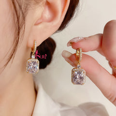 Bông Tai Tòn Teng Khoen Tròn Phối Đá Chữ Nhật Sang Trọng