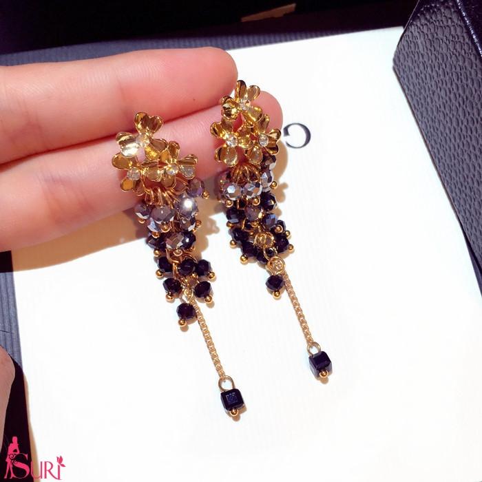 Bông Tai Tòn Teng Hoa Vàng Đính Chùm Đá Đen