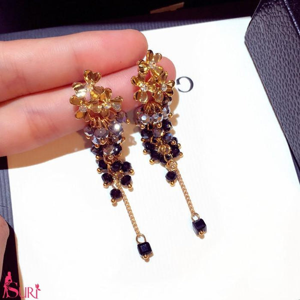 Bông Tai Tòn Teng Hoa Vàng Đính Chùm Đá Đen