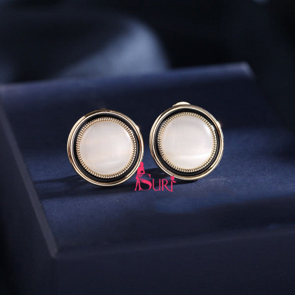 Bông Tai Hình Tròn Đá Mắt Mèo Dạng Kẹp Sát Tai