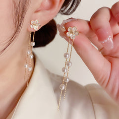 Bông Tai Tòn Teng Hoa Đá Tua Rua Ngọc Trai Dáng Rơi 2 Kiểu