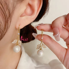 Bông Tai Tòn Teng Ngọc Trai Phối Lá Đôi Đính Đá Dạng Móc