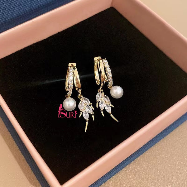 Bông Tai Khoen Tòn Teng Hình Lá Đá Trắng Phối Hạt Trai