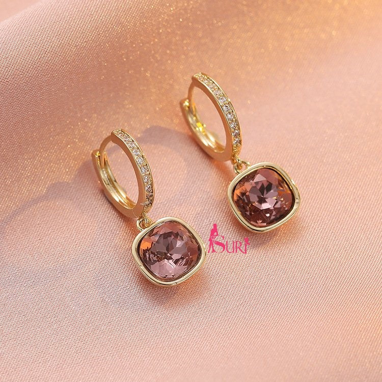 Bông Tai Khoen Tròn Đính Đá Vuông Tím Xinh Xắn