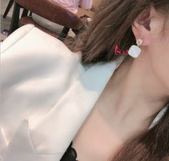 Bông Tai Tòn Teng 2 Hình Vuông Đá Sọc Caro Trắng Siêu Xinh