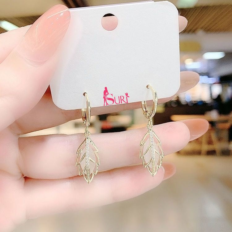 Bông Tai Tòn Teng Khoen Hình Lá Phối Đá Mắt Mèo