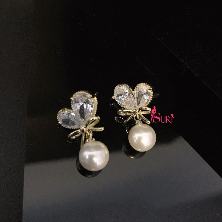 Bông Tai Trái Tim Đá Nơ Vàng Phối Hạt Trai Nữ Tính