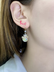 Bông Tai Tòn Teng Hạt Trai Phối Hoa Đá Trắng Dạng Móc Nữ Tính